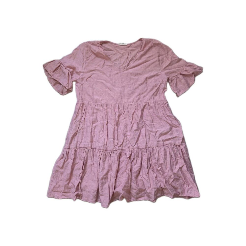 Entro Pink Tiered Babydoll Dress Ruffle Short Sleeve V Neck Women XL EUC